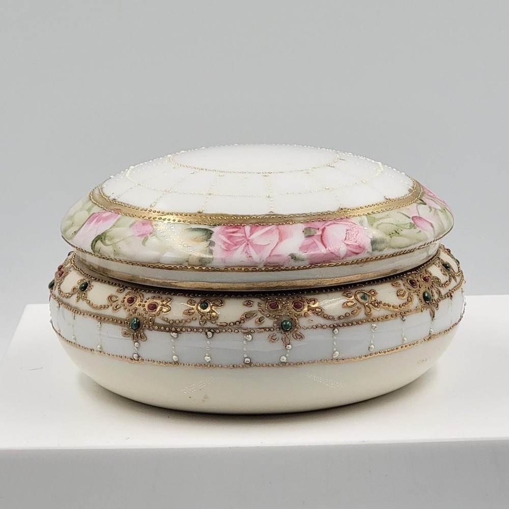 Vintage Hand‎ Painted Nippon Floral Trinket Box with Lid Gold Trim